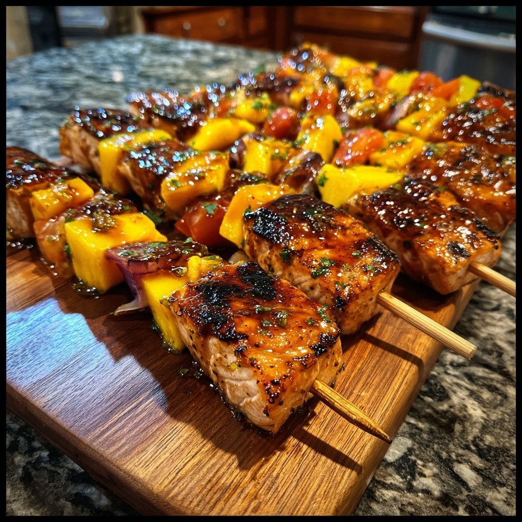 Teriyaki Mango Salmon Skewers