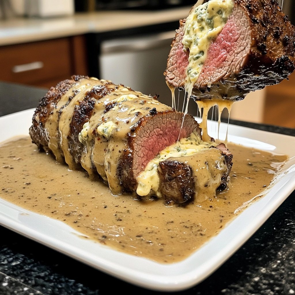 Gorgonzola-Stuffed Beef Tenderloin with Port Wine Sauce